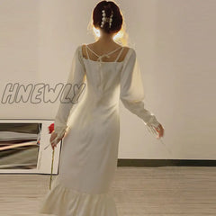 Hnewly Autumn New Style Retro Sweet One - Shoulder Square Neck Puff Sleeve Trumpet Dress Women Sexy