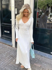 Hnewly Autumn New V-Neck Knit Maxi Dress Women Ribbed Elegant Long Sleeve Streetwear High Waist