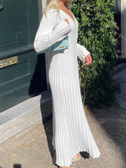Hnewly Autumn New V-Neck Knit Maxi Dress Women Ribbed Elegant Long Sleeve Streetwear High Waist