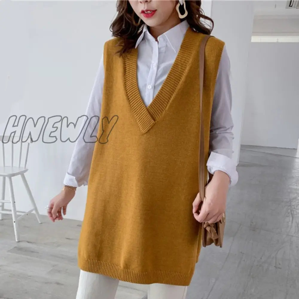Hnewly Autumn New V - Neck Solid Color Seelveless Knit Sweater Streetwear Fashion Loose Wild