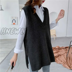 Hnewly Autumn New V - Neck Solid Color Seelveless Knit Sweater Streetwear Fashion Loose Wild