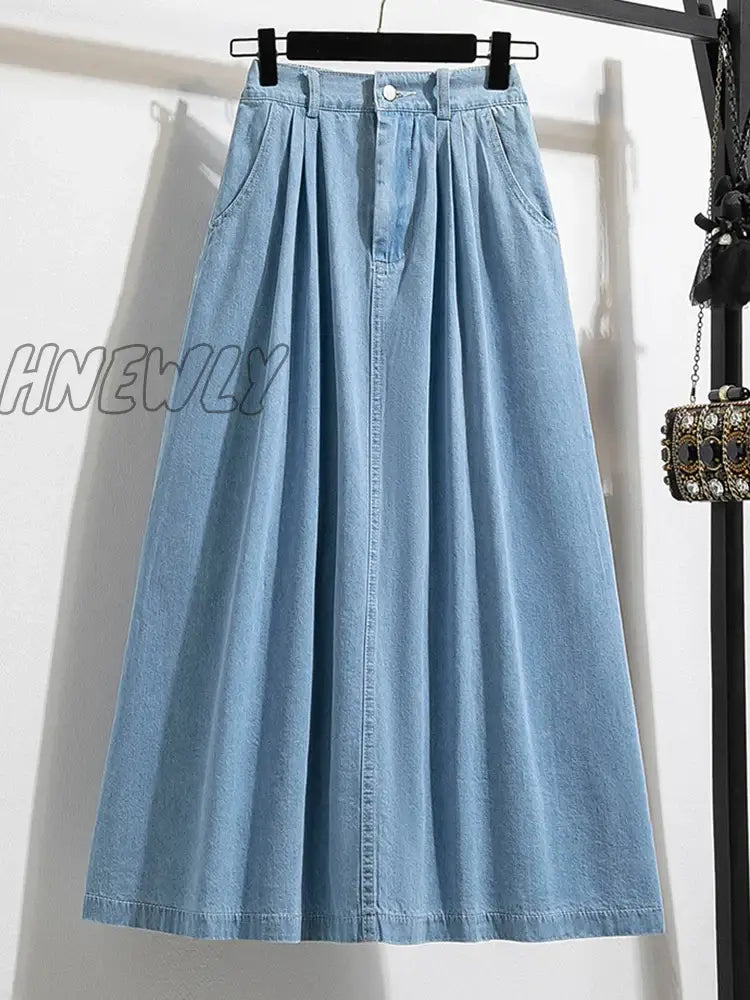 Hnewly Autumn Plus Size Denim Skirt Women High Elastic Waist Blue Or Sky Color Korean Fashion A