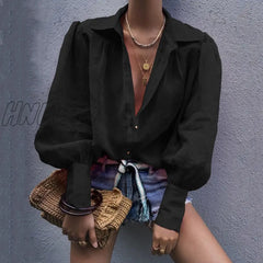Hnewly Autumn Puff Sleeve Shirts Womens Long Lapel V Neck Buttons Blouse Solid Color Casual Elegant