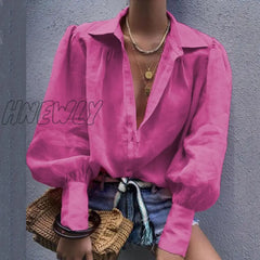 Hnewly Autumn Puff Sleeve Shirts Womens Long Lapel V Neck Buttons Blouse Solid Color Casual Elegant