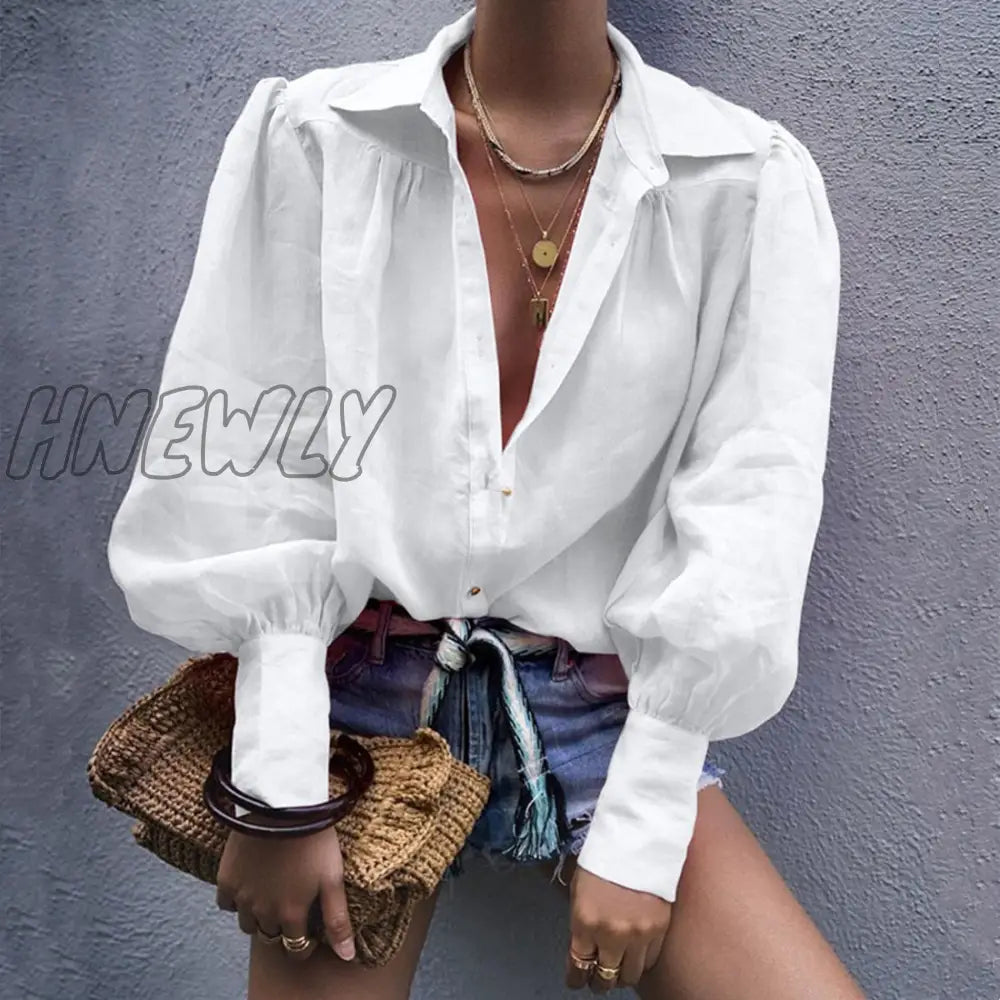 Hnewly Autumn Puff Sleeve Shirts Womens Long Lapel V Neck Buttons Blouse Solid Color Casual Elegant