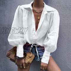 Hnewly Autumn Puff Sleeve Shirts Womens Long Lapel V Neck Buttons Blouse Solid Color Casual Elegant