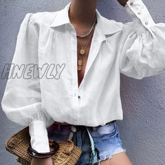 Hnewly Autumn Puff Sleeve Shirts Womens Long Lapel V Neck Buttons Blouse Solid Color Casual Elegant