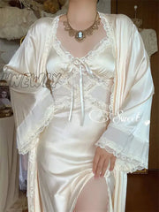 Hnewly Autumn Silk Sexy Strap Dress Women Casual Korean Elegant Long Split Patchwork Lace Fashion V