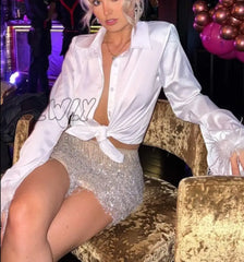 Hnewly Autumn Silky Elegant Women Shirt Sexy Slim Solid Concise Tops With Feathers High Street