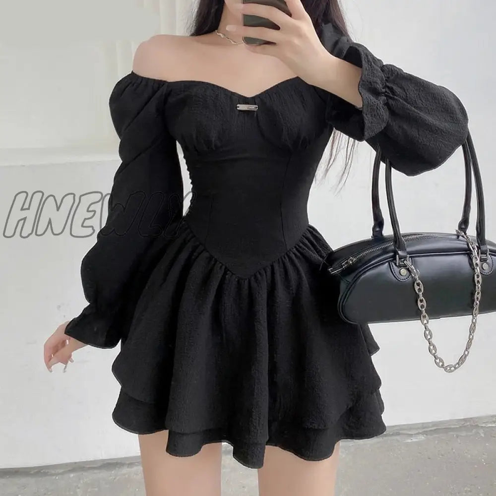 Hnewly Autumn Spring A - Line Dress Sexy Slim Solid Square Collar Puff Sleeve Mini Dresses For
