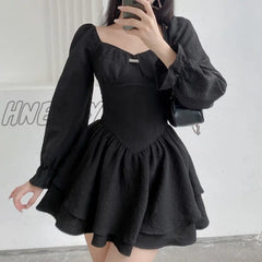 Hnewly Autumn Spring A - Line Dress Sexy Slim Solid Square Collar Puff Sleeve Mini Dresses For