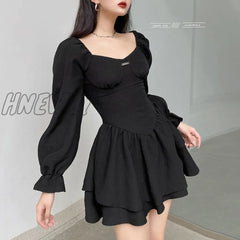 Hnewly Autumn Spring A - Line Dress Sexy Slim Solid Square Collar Puff Sleeve Mini Dresses For