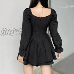 Hnewly Autumn Spring A - Line Dress Sexy Slim Solid Square Collar Puff Sleeve Mini Dresses For
