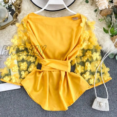 Hnewly Autumn Spring New Slim Waist Lace Up Blouse O Neck Patchwork Mesh Flare Long Sleeve