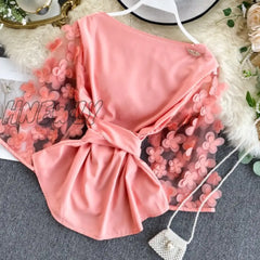 Hnewly Autumn Spring New Slim Waist Lace Up Blouse O Neck Patchwork Mesh Flare Long Sleeve