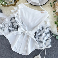 Hnewly Autumn Spring New Slim Waist Lace Up Blouse O Neck Patchwork Mesh Flare Long Sleeve