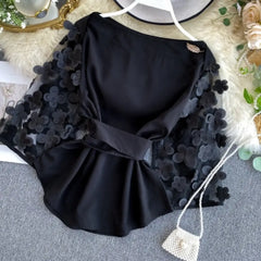 Hnewly Autumn Spring New Slim Waist Lace Up Blouse O Neck Patchwork Mesh Flare Long Sleeve