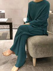 Hnewly Autumn Winter 2 Pieces Women Sets Knitted Tracksuit O-Neck Split Sweater And Wide Leg