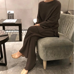 Hnewly Autumn Winter 2 Pieces Women Sets Knitted Tracksuit O-Neck Split Sweater And Wide Leg