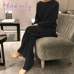 Hnewly Autumn Winter 2 Pieces Women Sets Knitted Tracksuit O-Neck Split Sweater And Wide Leg