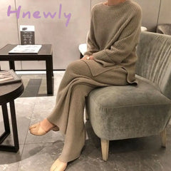 Hnewly Autumn Winter 2 Pieces Women Sets Knitted Tracksuit O-Neck Split Sweater And Wide Leg