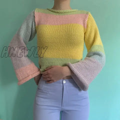 Hnewly Autumn Winter 90S Vintage Knitted Sweaters Striped Crimping Cropped Pullovers Chic Women