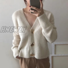 Hnewly Autumn Winter Fashion Women Mink Cashmere Cardigan Sweater Female V-Neck Knitted Long Haired