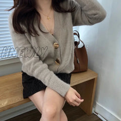 Hnewly Autumn Winter Fashion Women Mink Cashmere Cardigan Sweater Female V-Neck Knitted Long Haired