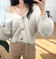 Hnewly Autumn Winter Fashion Women Mink Cashmere Cardigan Sweater Female V-Neck Knitted Long Haired
