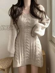 Hnewly Autumn Winter Knit Knitted Sweater Dress Women Vintage Casual Solid Slim Wrap Long Sleeve
