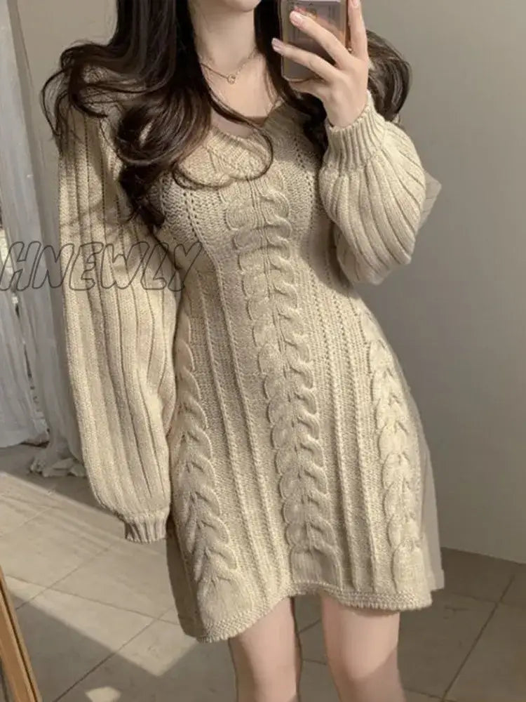 Hnewly Autumn Winter Knit Knitted Sweater Dress Women Vintage Casual Solid Slim Wrap Long Sleeve