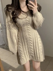Hnewly Autumn Winter Knit Knitted Sweater Dress Women Vintage Casual Solid Slim Wrap Long Sleeve