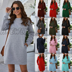 Hnewly Autumn Winter O Neck Long Sleeve Women’s Sweatshirt Dress New Fashion Solid Loose Pocket