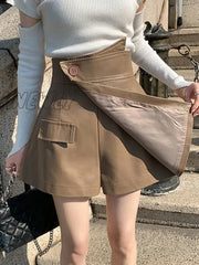 Hnewly Autumn Winter Pu Leather Shorts Skirts Women Fashion Button Splice High Waist Loose