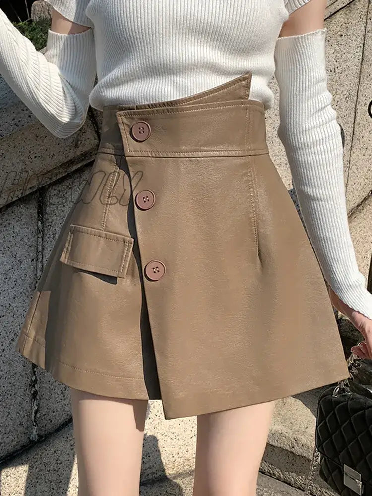 Hnewly Autumn Winter Pu Leather Shorts Skirts Women Fashion Button Splice High Waist Loose