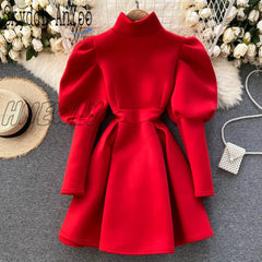 Hnewly Autumn Winter Puff Long Sleeve Dresses For Women Party Christmas Turtleneck Slim A - Line