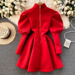 Hnewly Autumn Winter Puff Long Sleeve Dresses For Women Party Christmas Turtleneck Slim A - Line