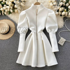 Hnewly Autumn Winter Puff Long Sleeve Dresses For Women Party Christmas Turtleneck Slim A - Line