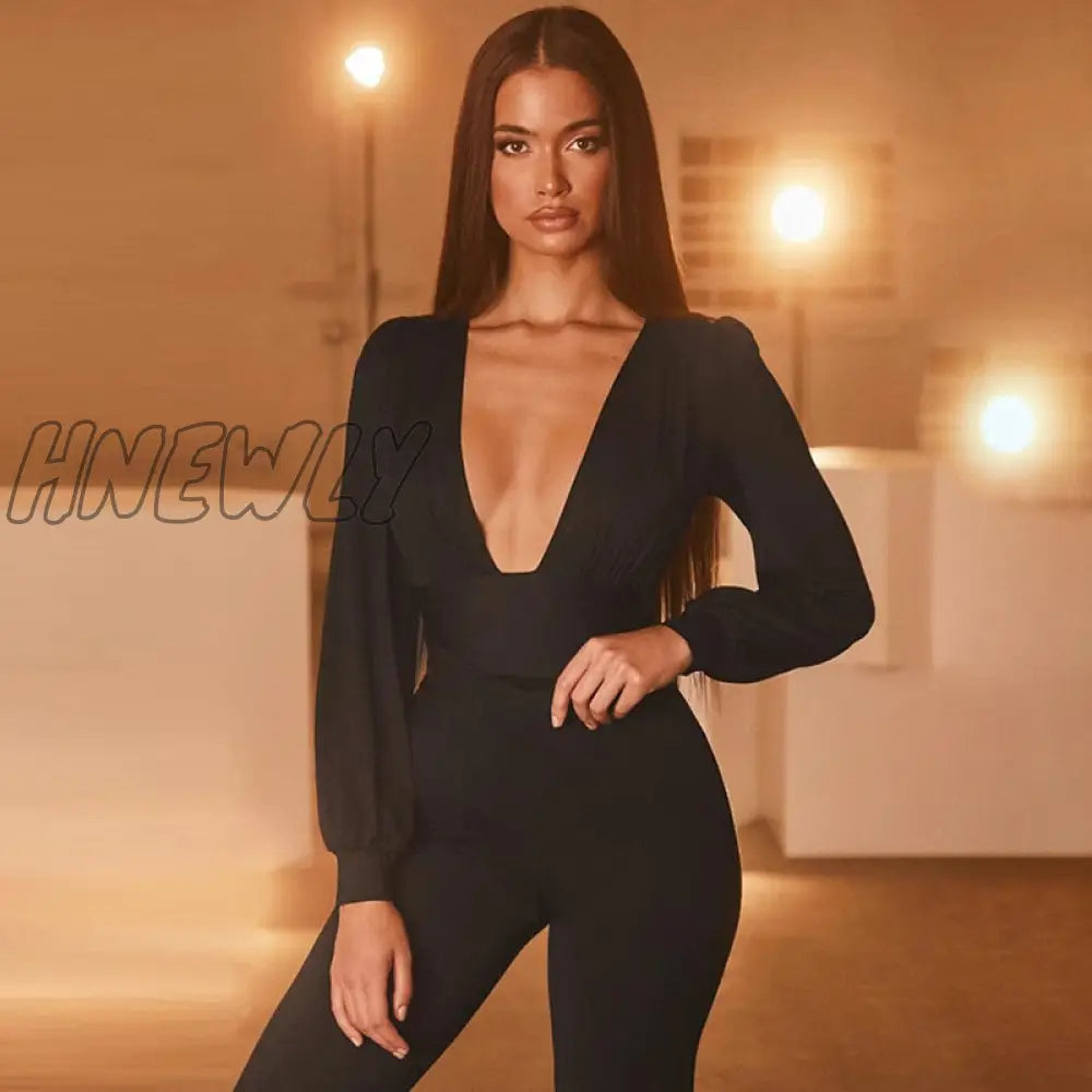 Hnewly Autumn Winter Rompers Women Jumpsuits Sexy Club V Neck High Waist Solid Bodycon Regular Long