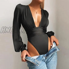 Hnewly Autumn Winter Rompers Women Jumpsuits Sexy Club V Neck High Waist Solid Bodycon Regular Long