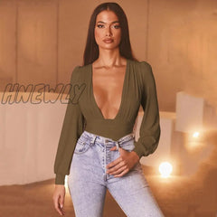 Hnewly Autumn Winter Rompers Women Jumpsuits Sexy Club V Neck High Waist Solid Bodycon Regular Long