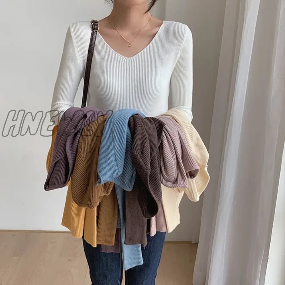 Hnewly Autumn Winter Screw Basic White Black Knitted T Shirt Women Long Sleeve Tops T-Shirts V Neck