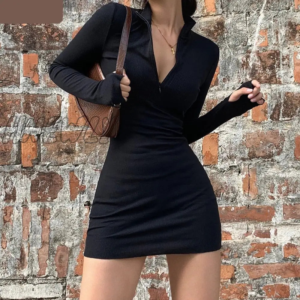 Hnewly Autumn Winter Stretch Slim Soft Ribbed Knitted Turtleneck Dress Woman Fashion Solid Black