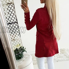 Hnewly Autumn Winter Suit Blazer Women Casual Single Breasted Pocket Long Jackets Elegant Sleeve