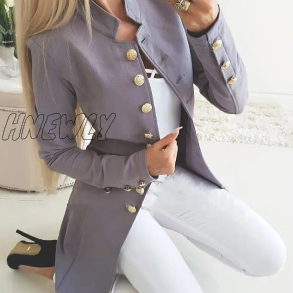 Hnewly Autumn Winter Suit Blazer Women Casual Single Breasted Pocket Long Jackets Elegant Sleeve