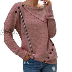 Hnewly Autumn Winter Women Fashion Zipper Button Clothing Lady Round Neck Solid Color Long Sleeve