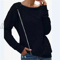 Hnewly Autumn Winter Women Fashion Zipper Button Clothing Lady Round Neck Solid Color Long Sleeve