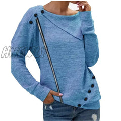 Hnewly Autumn Winter Women Fashion Zipper Button Clothing Lady Round Neck Solid Color Long Sleeve