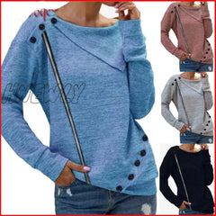 Hnewly Autumn Winter Women Fashion Zipper Button Clothing Lady Round Neck Solid Color Long Sleeve