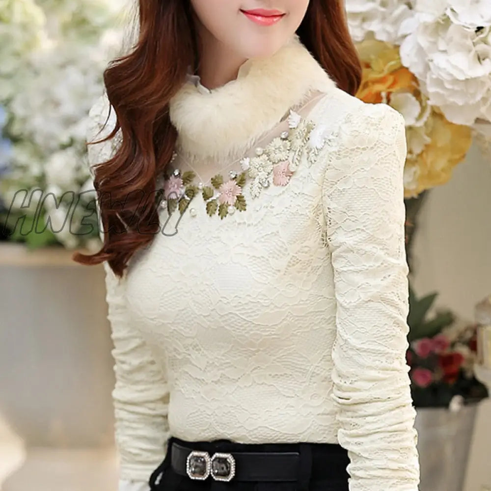 Hnewly Autumn Winter Women Plus Velvet Thick Bottomed Shirt Female High Necked Lace Tops Long